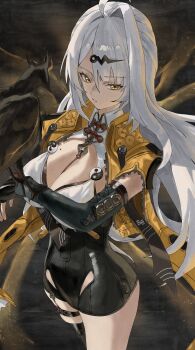 1girl absurdres bird black_bird black_thighhighs black_unitard breasts commentary_request elbow_gloves garter_straps gloves high-waist_shorts highres jacket large_breasts mole mole_on_breast nekoshima_kaede shorts single_elbow_glove solo thighhighs white_hair yellow_eyes yellow_jacket yin_yang_pin yixuan_(zenless_zone_zero) zenless_zone_zero