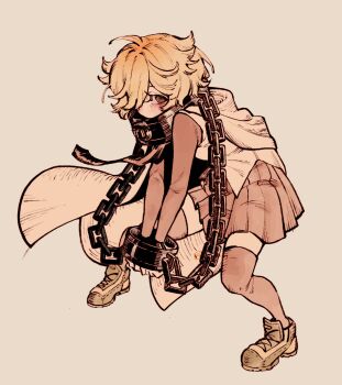 1girl blonde_hair cape chain collar collared_shirt cuffs cuffs-to-collar don_quixote_(project_moon) full_body hair_over_one_eye highres hunched_over index_(identity)_(project_moon) limbus_company long_sleeves looking_at_viewer luvlain metal_collar muted_color one_eye_covered orange_eyes pleated_skirt project_moon shirt shoes short_hair skirt sneakers solo squatting thighhighs white_cape zettai_ryouiki