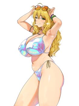 1girl absurdres adjusting_eyewear ahoge armpits arms_up belly bikini blonde_hair bracelet breasts cowboy_shot eyewear_on_head fingernails from_side green_eyes green_nails grin highres holographic_clothing hoshii_miki huge_breasts idolmaster idolmaster_(classic) iridescent jewelry kumako_(kumakonoh) long_fingernails long_hair looking_at_viewer multicolored_bikini nail_polish navel necklace plump side-tie_bikini_bottom simple_background smile solo standing sunglasses swimsuit white_background