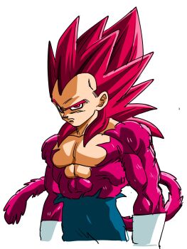 Rule 34 | 1boy, blue pants, body fur, cowboy shot, dragon ball, dragon ball daima, gloves, highres, long hair, male focus, monkey tail, muscular, muscular male, pants, red eyes, red fur, red hair, red tail, simple background, solo, spiked hair, super saiyan, super saiyan 4, tail, vegeta, white background, white gloves, yun the bit