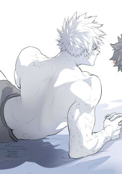 Rule 34 | 2boys, absurdres, bakugou katsuki, boku no hero academia, commentary, from behind, greyscale, highres, holding hands, looking to the side, male focus, male underwear, midoriya izuku, monochrome, multiple boys, multiple scars, oroshi mi, out of frame, scar, scar on arm, scar on back, short hair, simple background, solo focus, spiked hair, topless male, underwear, untranslatable commentary, white background