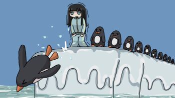 >_< 1girl bird black_hair blue_background blue_eyes blue_jacket blue_pants blunt_bangs cold fuchina_(fucinami) funo-chan_(fuchina) highres jacket jumping long_hair original outdoors pants penguin queue sky snow snowscape solid_eyes solo standing too_many too_many_birds track_suit trembling water