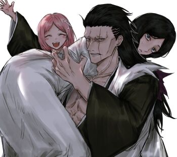 1boy 2girls anima_tion_1 black_hair bleach carrying haori highres japanese_clothes kusajishi_yachiru long_hair multiple_girls scar scar_on_face shihakusho shinigami taichou_haori unohana_retsu zaraki_kenpachi