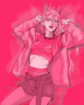 1girl breasts chainsaw_man crop_top demon_girl demon_horns hair_between_eyes highres horns jacket meguzm open_mouth pantyhose pink_background pink_eyes pink_hair pink_horns pink_jacket pink_nails pink_pantyhose pink_shirt power_(chainsaw_man) purple_skirt shirt skirt small_breasts solo