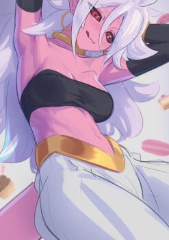 1girl absurdres android_21 anonds31 armpits arms_up bare_shoulders black_sclera black_tube_top blush bracelet breasts cake collar collarbone colored_sclera colored_skin cupcake detached_sleeves donut dragon_ball dragon_ball_fighterz earrings food hair_between_eyes harem_pants highres hoop_earrings jewelry large_breasts licking_lips long_hair looking_at_viewer macaron majin_android_21 navel neck_ring pants pink_skin pointy_ears red_eyes smile solo strapless tail tongue tongue_out tube_top white_hair white_pants