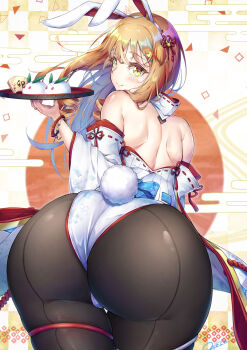 Rule 34 | 1boy, 2023, androgynous, animal ears, ass, ass focus, back, black pantyhose, blush, bracelet, chinese zodiac, closed mouth, commentary request, drill hair, fake animal ears, fake tail, floating hair, highleg, highleg leotard, highres, holding, holding tray, huge ass, japanese clothes, jewelry, kimono, leotard, long hair, looking at viewer, looking back, natsusora wakana, novady, orange hair, original, pantyhose, playboy bunny, rabbit ears, rabbit tail, shiny clothes, shiny skin, shoulder blades, skindentation, smile, snow rabbit, solo, standing, tail, thigh gap, thighs, trap, tray, twin drills, wavy hair, white kimono, wide hips, year of the rabbit, yellow eyes