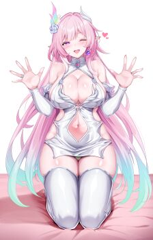 1girl ;o absurdres animal_ears bare_shoulders bodycon breasts clothing_cutout commentary_request cyrene_(honkai:_star_rail) cyrene_(ripples_of_past_reverie)_(honkai:_star_rail) diamond-shaped_pupils diamond_(shape) dress flower gradient_hair hair_flower hair_ornament highres honkai:_star_rail honkai_(series) ishi_no_shita large_breasts long_hair multicolored_hair navel navel_cutout one_eye_closed panties pink_hair purple_eyes side_cutout solo symbol-shaped_pupils thighhighs thighs underwear very_long_hair white_dress white_hair white_thighhighs