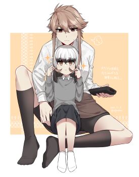 Rule 34 | 2girls, aged down, black hair, black shorts, black skirt, black socks, blunt bangs, brown eyes, brown hair, brown skirt, closed mouth, collared shirt, colored tips, commentary request, controller, dated, full body, grey sweater, hair between eyes, highres, holding, holding remote control, jouhou, kneehighs, leg up, long sleeves, medium hair, multicolored hair, multiple girls, playing with another's hair, remote control, satsuki yomi, shidou maki (toji no miko), shirt, short hair with long locks, shorts, shorts under skirt, sitting, sitting on person, skirt, socks, spoken sweatdrop, striped clothes, striped shirt, sweat, sweatdrop, sweater, toji no miko, translation request, twitter username, v-shaped eyebrows, white hair, white shirt, white socks