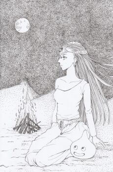 Rule 34 | 1girl, absurdres, asymmetrical dress, bonfire, circlet, commentary request, desert, dragon quest, dragon quest iv, dress, earrings, fire, forehead jewel, full body, full moon, greyscale, highres, jewelry, kneeling, long hair, long sleeves, metal belt, minea (dq4), monochrome, moon, open mouth, outdoors, parted lips, profile, seiza, silver circlet, single bare shoulder, single sleeve, sitting, slime (dragon quest), smile, solo focus, sphere earrings, traditional media, tsukimi, user gfyt7888
