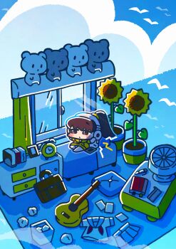 Rule 34 | 1girl, absurdres, alarm clock, bed, bird, blue sky, blue theme, blush, blush stickers, book, bookmark, bookshelf, bow, bowtie, briefcase, brown eyes, brown hair, clock, cloud, cumulonimbus cloud, curtains, cushion, day, desk, electric fan, flower, flower pot, full body, guitar, half-closed eyes, headphones, highres, horizon, indoors, instrument, isometric, listening to music, looking to the side, lying, ocean, original, outdoors, pen, pencil case, picooon, pillow, ponytail, red bow, red bowtie, school briefcase, school uniform, seagull, serafuku, shirt, skirt, sky, solo, stuffed animal, stuffed toy, summer, sunflower, sunlight, teddy bear, trash, trash can, unworn clothes, unworn shirt, unworn skirt, white bird, window, yellow shirt