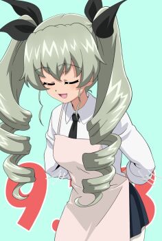 1girl anchovy_(girls_und_panzer) anzio_school_uniform apron aqua_background artist_request breasts closed_eyes closed_mouth drill_hair girls_und_panzer green_hair hair_ribbon highres long_hair medium_breasts motion_lines open_mouth pantyhose ribbon school_uniform shiny_skin simple_background smile solo standing twin_drills twintails white_apron white_pantyhose wide_hips