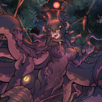 &gt;:) 1girl :d breasts brown_hair commission extra_eyes forest genkyopainting highres large_breasts monster_girl moon nature night open_mouth orange_eyes original red_moon second-party_source sharp_teeth slit_pupils smile teeth tentacle_girl tentacle_hair tentacles v-shaped_eyebrows
