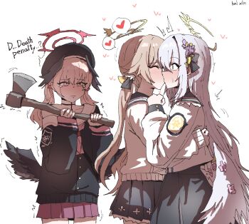 Rule 34 | 3girls, absurdres, angel wings, artist name, axe, azusa (blue archive), beret, black hat, black skirt, black wings, blue archive, blush, brown hair, closed eyes, commentary, crescent halo, crying, crying with eyes open, feathered wings, flower, hair flower, hair ornament, halo, hat, head wings, heart, hifumi (blue archive), highres, holding, holding axe, hug, kai xin, kiss, koharu (blue archive), long hair, long sleeves, low twintails, low wings, multiple girls, pink eyes, pink hair, pink halo, pleated skirt, purple eyes, purple flower, red skirt, sailor collar, simple background, skirt, spoken heart, symbol-only commentary, tears, twintails, upper body, white background, white hair, white sailor collar, white wings, wing ornament, winged halo, wings, yellow halo, yuri