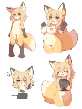 2girls :d ^_^ animal_ears arms_at_sides blonde_hair blush breasts chibi closed_eyes closed_mouth commentary completely_nude cropped_legs double-parted_bangs fang flat_chest fox_ears fox_girl fox_tail furry furry_female hands_up highres holding holding_stylus large_breasts loli long_hair matsuu_(akiomoi) multiple_girls multiple_views navel nipples nude open_mouth original pussy red_eyes simple_background skin_fang smile squiggle stylus tail white_background yellow_eyes