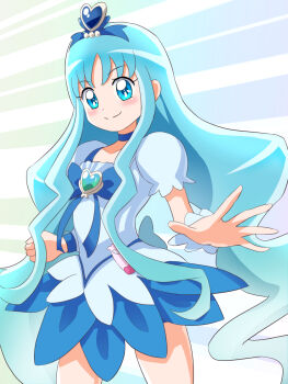 1girl blue_background blue_choker blue_eyes blue_hair blue_skirt blue_wrist_cuffs brooch choker commentary_request cowboy_shot cure_marine heart heart_brooch heartcatch_precure! highres jewelry kei_yunokawa long_hair magical_girl precure skirt smile wrist_cuffs