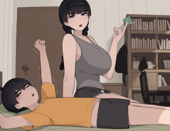 1boy 1girl akiyama_fumika_(pepper0) black_hair breasts brother_and_sister condom highres indoors large_breasts lying medium_hair on_back original pepper0 short_hair shota siblings