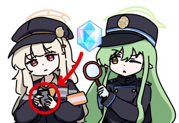 Rule 34 | 2girls, aoba (blue archive), arrow (symbol), black hat, blonde hair, blue archive, dot nose, gem alert (meme), gloves, green hair, halo, hat, highres, hikari (blue archive), holding, holding magnifying glass, holding phone, jacket, long hair, long sleeves, looking through magnifying glass, magnifying glass, meme, multiple girls, newsboy cap, one eye closed, phone, pointy ears, raw beef, red circle, red eyes, simple background, sitting, upper body, white background, white gloves, yellow eyes