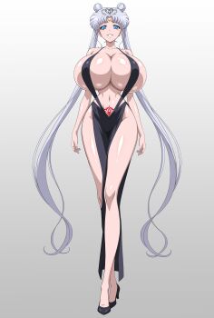 1girl absurdres alternate_breast_size_(larger) bishoujo_senshi_sailor_moon black_shoes blue_eyes breasts cleavage corruption crossed_legs dark_persona double_bun dress full_body gradient_background grey_background hair_bun halter_dress halterneck high_heels highres huge_breasts long_hair looking_at_viewer navel no_bra no_socks pelvic_curtain pubic_tattoo queen_serenity revealing_clothes shiny_skin shoes smile solo standing tattoo twintails very_long_hair white_background white_hair yxyyxy