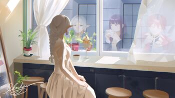 1boy 2girls absurdres black_hair blunt_bangs braid breasts closed_eyes cup curtains different_reflection dress earrings elf fern_(sousou_no_frieren) frieren grey_hair highres holding holding_cup ikachyu indoors jewelry multicolored_hair multiple_girls plant pointy_ears potted_plant purple_hair red_hair reflection short_hair signature single_braid sitting small_breasts sousou_no_frieren stark_(sousou_no_frieren) stool two-tone_hair white_dress