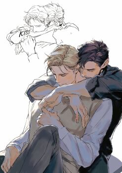 Rule 34 | 2boys, avengers (series), black hair, black shirt, blonde hair, brown vest, closed eyes, closed mouth, commentary, english commentary, facial hair, fingernails, grey pants, highres, hug, hug from behind, kiss, kissing hand, kissing neck, long sleeves, male focus, malkogromit, marvel, multiple boys, multiple views, pants, shirt, short hair, simple background, sitting, smile, steve rogers, tony stark, vest, white background, white shirt, yaoi