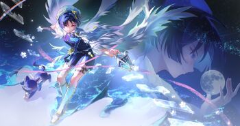 Rule 34 | 1boy, alternate costume, angel wings, animalization, ascot, beret, bird hair ornament, black background, black hair, black shorts, blue ascot, blunt ends, cat, clenched hand, closed mouth, collared vest, colored inner hair, cu09291, detached wings, eyeliner, feather sleeves, feathers, flower, full moon, garter belt, genshin impact, gold, gold trim, hair ornament, hat, highres, kneehighs, looking to the side, makeup, male focus, moon, multicolored hair, open hand, outstretched arms, person and animalization, pom pom (clothes), purple cat, purple eyes, purple hair, purple vest, red eyeliner, ribbed socks, scaramouche (cat) (genshin impact), scaramouche (genshin impact), shorts, smile, socks, solo, star (symbol), star print, tsurime, vest, white feathers, white flower, white hat, white trim, white wings, wings, wispy bangs, yellow feathers