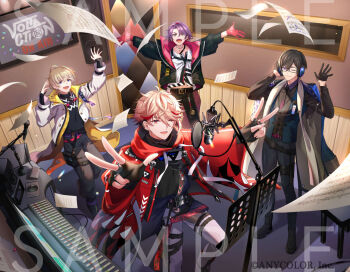 4boys :d ;) ;d arms_up belt belt_buckle black-framed_eyewear black_choker black_gloves black_hair black_jacket black_necktie black_pants black_shirt black_vest blonde_hair blue_coat blue_eyes blue_vest buckle chest_harness choker coat coat_on_shoulders collared_shirt colored_inner_hair commentary_request contrast_collar copyright_notice drawstring ear_piercing feet_out_of_frame fingerless_gloves flying_paper full_body fura_kanato fura_kanato_(1st_costume) glasses gloves gradient_necktie hair_between_eyes hair_intakes half_gloves hand_on_headphones harness headphones hood hood_down hooded_coat jacket long_sleeves looking_at_viewer male_focus microphone midriff_peek mixing_console multicolored_hair multiple_boys music_stand necktie nijisanji o-ring o-ring_harness official_art one_eye_closed open_clothes open_coat open_hands open_jacket open_mouth orange_hair pants paper piercing pink_hair pop_filter pouch purple_belt purple_eyes purple_hair recording_audio recording_studio red_coat red_eyes red_gloves red_hair sample_watermark seraph_dazzlegarden seraph_dazzlegarden_(1st_costume) sheet_music shikinagi_akira shikinagi_akira_(1st_costume) shirt shirt_partially_tucked_in short_hair sleeve_garter sleeves_past_wrists smile standing stole stool streaked_hair studio_microphone thigh_pouch turtleneck turtleneck_shirt two-sided_coat two-sided_fabric two-sided_jacket two-tone_hair two-tone_vest vest virtual_youtuber voltaction w watarai_hibari watarai_hibari_(1st_costume) watermark waving white_coat white_pants white_shirt wingtemple yellow_coat yellow_eyes