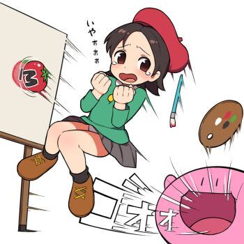 1boy 1girl adeleine alien beret black_eyes black_hair black_skirt black_socks blush brown_eyes brown_shoes colored_skin easel embarrassed flat_chest floating green_sweater hat inhaling kirby kirby_(series) kirby_64 loli long_sleeves looking_back maxim_tomato nintendo open_mouth paint_palette paintbrush panties pink_skin red_hat shoes short_hair sitting skirt smile socks solar_18 standing surprised sweater tears tomato underwear white_background white_panties wind wind_lift