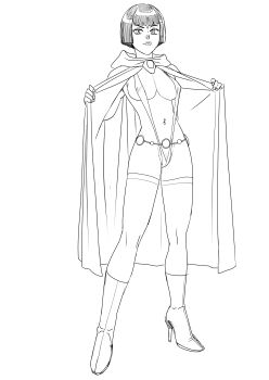 belt blunt_bangs boots cloak dc_comics hood hooded_cloak looking_at_viewer navel_piercing piercing raven_(dc) shaving shaving_crotch short_hair sketch slingshot_swimsuit swimsuit teen_titans tekuho_no_habo