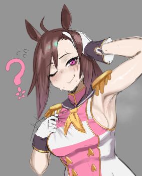 Rule 34 | 1girl, ?, ahoge, animal ears, arm up, armpit focus, armpits, asymmetrical bangs, bakushin o armpit gif (meme), blush, breasts, brown hair, closed mouth, commentary request, dress, epaulettes, eyelashes, gaikiken, gloves, gold trim, grey background, hand on own head, horse ears, horse girl, impossible clothes, impossible dress, long hair, looking at viewer, medium breasts, meme, neckerchief, one eye closed, pink dress, pink eyes, sakura bakushin o (blossom in learning) (umamusume), sakura bakushin o (umamusume), sideboob, simple background, sketch, sleeveless, sleeveless dress, smile, solo, sweat, umamusume, upper body, white dress, white gloves, yellow neckerchief