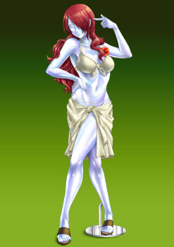 1girl albyee bikini collarbone commission full_body green_background hand_on_own_hip kirijou_mitsuru long_hair mannequin navel persona persona_3 petrification pointing pointing_at_self red_hair sandals solo standing swimsuit