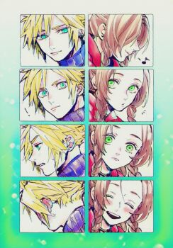 ! 1boy 1girl aerith_gainsborough aqua_eyes ashinamaturi blonde_hair blue_shirt blush border brown_hair choker clenched_teeth close-up closed_eyes cloud_strife earrings final_fantasy final_fantasy_vii final_fantasy_vii_remake green_background green_eyes hair_between_eyes hair_pulled_back hair_ribbon jacket jewelry laughing long_hair looking_at_another looking_away musical_note open_mouth parted_bangs profile red_jacket ribbon ribbon_choker sequential shirt short_hair sidelocks single_earring smile spiked_hair sweatdrop teeth turtleneck upper_teeth_only wide-eyed