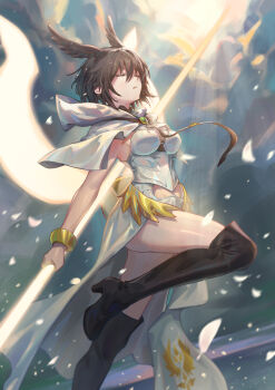 1girl absurdres ashladd black_boots black_hair black_wings boots bracelet closed_eyes clothing_cutout commentary energy_spear fate/grand_order fate_(series) hair_wings highres holding holding_polearm holding_weapon hood hood_down jewelry knee_up light_rays ortlinde_(fate) parted_lips polearm short_hair solo stomach_cutout thigh_boots valkyrie_(fate) weapon wings