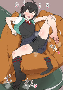 1girl absurdres antenna_hair armchair barefoot black_eyes black_footwear black_hair black_necktie black_skirt black_socks black_sweater_vest blush bob_cut chair dress_shirt feet foreshortening hair_between_eyes heavy_breathing highres looking_at_viewer marvel necktie nervous_sweating no_shoes nose_blush on_chair outside_border peni_parker pink_background plaid_clothes plaid_skirt presenting_foot s_k_(shiro_karasu) school_uniform shirt short_hair sitting skirt smell socks soles solo spider-man:_into_the_spider-verse spider-man_(series) spider-verse spread_toes steam sweat sweatdrop sweater_vest toes v-shaped_eyebrows white_shirt