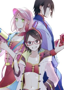 1boy 2girls alternate_costume balloon bikini black_eyes black_hair boruto:_naruto_next_generations breasts closed_mouth commentary_request facial_mark family forehead_mark glasses green_eyes haruno_sakura holding holding_balloon holding_water_gun jacket long_sleeves multiple_girls naruto_(series) navel open_clothes open_jacket open_mouth pink_hair red-framed_eyewear short_hair small_breasts smile swimsuit t0m0mile teeth twitter_username uchiha_sarada uchiha_sasuke visor_cap water_balloon water_gun white_background