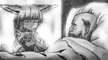 Rule 34 | 1boy, 1girl, animal ears, arknights, artist name, beard, bed, blurry, blurry background, choker, closed eyes, commentary, english commentary, facial hair, fox ears, fox girl, fox tail, greyscale, half-closed eyes, headboard, highres, holding hands, illeity, infection monitor (arknights), jacket, long sleeves, looking at another, monochrome, old, old man, open clothes, open jacket, original, photo-referenced, pillow, short hair, smile, sussurro (arknights), tail, under covers