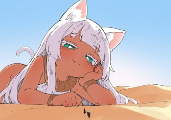 1girl 1other animal_ear_fluff animal_ears blunt_bangs bottomless bracelet camel cat_ears cat_girl cat_tail dark-skinned_female dark_skin desert egyptian_mythology giant giantess green_eyes highres jewelry long_hair lying on_stomach original outdoors rotasu_(rotasqqfv) shirt sky sleeveless sleeveless_shirt smile tail white_hair white_shirt