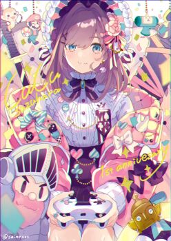 Rule 34 | 1girl, :3, anniversary, aqua nails, armor, badge, black ribbon, blue eyes, blush, bonnet, bow, bowtie, brooch, button badge, capcom, cardigan, center frills, character name, chromatic aberration, club (shape), commentary request, confetti, controller, cowboy shot, diamond (shape), earrings, emblem, flower, frills, hair bow, hair flower, hair ornament, hat, heart, highres, holding, holding controller, jewelry, katamari damacy, katana, knight, light brown hair, long sleeves, looking at viewer, makaimura, mario, mario (series), medium hair, monkey, nail polish, nijisanji, nintendo, off shoulder, open cardigan, open clothes, pantyhose, pink cardigan, pink nails, rhythm tengoku, ribbon, ring, ring (ring fit adventure), ring fit adventure, saine, sir arthur (makaimura), sitting, skirt, smile, spade (shape), striped bow, striped clothes, striped legwear, striped pantyhose, striped skirt, super mario bros. 1, suzuhara lulu, sword, the prince (katamari damacy), twitter username, vertical-striped clothes, vertical-striped legwear, vertical-striped pantyhose, vertical-striped skirt, virtual youtuber, weapon, x hair ornament