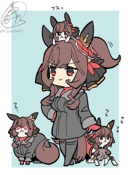 1girl :< animal animal_ears animal_on_head animalization black_coat black_thighhighs braid braided_hair_rings breasts brown_hair closed_eyes closed_mouth clothed_animal coat commentary_request ear_covers ear_ornament gentildonna_(regina_dei_fiori)_(umamusume) gentildonna_(umamusume) grey_pantyhose hair_between_eyes hair_ornament hair_rings heart-shaped_ornament heart_ear_ornament highres horse_ears horse_girl horse_tail long_hair mittens on_head pantyhose person_and_animalization ponytail recursive_animalization red_eyes red_mittens red_sweater smile sweater tail takatsuki_nato thighhighs umamusume winter_clothes winter_coat