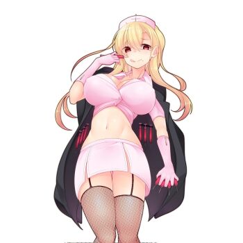 Rule 34 | 1girl, black coat, blonde hair, breasts, brown garter straps, coat, fishnet thighhighs, fishnets, gloves, hair between eyes, hat, hilda ampul, holding, holding syringe, large breasts, licking lips, long hair, midriff, mole, mole under mouth, nurse, nurse cap, pink gloves, pink hat, pink shirt, pink skirt, pink sleeves, red eyes, shirt, short sleeves, skirt, syringe, thighhighs, tongue, tongue out, uchi no hime-sama ga ichiban kawaii