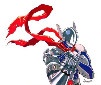 armor blue_bodysuit bodysuit commentary covered_eyes digimon digimon_(creature) digimon_focus english_commentary facing_viewer flick hands_up helmet helmet_over_eyes justimon mechanical_arms red_scarf scarf simple_background single_mechanical_arm solo taragraphika upper_body white_background