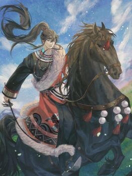 1boy alternate_costume animal asymmetrical_clothes bead_necklace beads belt black_belt black_boots black_hair black_headband black_pants black_shirt blue_sky boots braid brown_hair chinese_clothes chinese_commentary closed_mouth cloud commentary_request day diaomaoxiaoheidaoliangquanban earrings falling_leaves floating_hair full_body fur-trimmed_robe fur_trim gem grass grey_eyes hanfu headband high_ponytail highres holding holding_weapon holding_whip horse horseback_riding jewelry leaf light_particles long_hair long_sleeves looking_at_viewer male_focus miao_clothes modao_zushi necklace outdoors pants ponytail red_gem red_robe reins riding robe saddle shirt sidelocks sky smile solo tassel very_long_hair weapon wei_wuxian whip wind