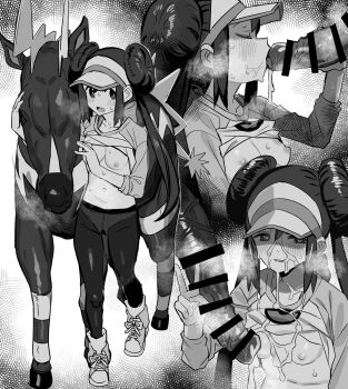 1girl animal_penis bar_censor barbarian_tk bestiality blush breasts breasts_out censored clothes_lift collarbone commentary_request cum cum_on_body cum_on_breasts cum_on_clothes cum_on_upper_body double_bun facial fellatio gen_5_pokemon greyscale hair_bun heart heart-shaped_pupils highres horse_penis huge_penis knees long_hair monochrome multiple_views navel nintendo nipples oral pantyhose penis pokemon pokemon_(creature) pokemon_bw2 pokephilia raglan_sleeves rosa_(pokemon) shirt shirt_lift shoes sidelocks small_breasts sneakers standing sweat symbol-shaped_pupils twintails v veins veiny_penis visor_cap zebstrika