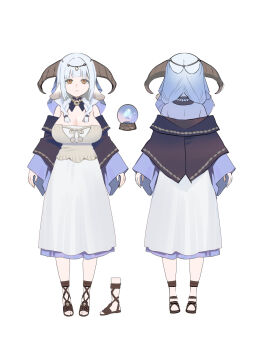 1girl :3 absurdres animal_ears breasts circlet cleavage crystal_ball dress full_body goat_ears goat_girl goat_horns highres horns huge_breasts looking_at_viewer multiple_views orange_eyes original reference_sheet sandals sencha_bashira shawl shortstack simple_background veil white_background white_dress white_hair