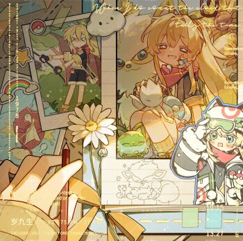 >_< 1girl ahoge arcanine black_gloves blonde_hair blue_eyes blush charmander colored_eyelashes commission dratini eyelashes fingerless_gloves fish flower gen_1_pokemon gen_2_pokemon gen_3_pokemon gloves grin hair_between_eyes hair_intakes happy hat heterochromia highres holding holding_poke_ball jacket long_hair long_sidelocks long_sleeves magikarp mihuashi_commission multiple_views nintendo original photo_(object) poke_ball pokemon ponytail rainbow red_scarf scarf short_sleeves shorts sidelocks sitting smile socks sprigatito star_(symbol) striped_clothes striped_jacket sui_jiu_sheng swablu tape togetic unworn_eyewear watermark white_flower yellow_eyes yellow_socks