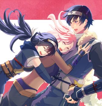 1boy 2girls :d ;d alternate_costume armor blue_eyes blue_gloves blue_hair breastplate chrom_(fire_emblem) chrom_(ninja)_(fire_emblem) closed_eyes commentary_request family female_robin_(fire_emblem) fingerless_gloves fire_emblem fire_emblem_awakening fire_emblem_heroes fishnets forehead_protector gloves group_hug hair_between_eyes hug hug_from_behind long_hair looking_at_another lucina_(fire_emblem) lucina_(ninja)_(fire_emblem) multiple_girls muneate ninja nintendo official_alternate_costume one_eye_closed open_mouth ponytail riou_(pooh920) short_hair smile teeth tharja_(fire_emblem) tharja_(ninja)_(fire_emblem) white_hair