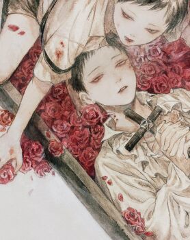 2boys black_hair blood blood_on_clothes coffin collared_shirt cross flower highres holding holding_cross looking_at_viewer male_focus mame_(mmgamegg) multiple_boys original red_flower red_rose rose shirt short_hair shorts vampire white_shirt