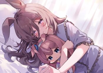 1girl absurdres animal_ears bed blush brown_hair character_doll commentary_request doll hair_between_eyes highres horse_ears horse_girl hugging_doll hugging_object long_hair looking_at_viewer lying mihono_bourbon_(umamusume) mola_mola on_bed on_side pajamas parted_lips pillow purple_eyes purple_pajamas rice_shower_(umamusume) solo umamusume