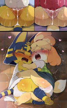 2boys 2girls animal_crossing animal_ears ankha_(animal_crossing) anus artificial_vagina_with_body ass blonde_hair blue_fur blush body_fur cat_ears cat_girl cat_tail character_request closed_eyes commentary_request cum cum_in_pussy cum_overflow dagasi dog_ears dog_girl dog_tail dress fangs furry furry_female furry_male furry_with_furry heart hetero highres isabelle_(animal_crossing) lying multiple_boys multiple_girls nintendo nose_blush on_side open_mouth panties penis pussy pussy_juice red_fur sex tail tears teeth telepathic_sex testicles trembling uncensored uncommon_stimulation underwear upper_teeth_only vaginal wavy_mouth white_dress white_panties yellow_fur
