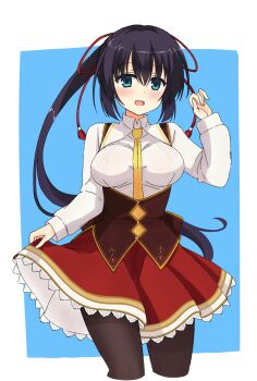 1girl :d amagiri_yune amairo_islenauts aqua_eyes between_breasts black_hair black_pantyhose blue_background blush breasts breasts_apart brown_corset collared_shirt commentary_request corset cowboy_shot cropped_legs floating_hair hair_between_eyes hair_ribbon hand_up highres lace lace-trimmed_skirt lace_trim large_breasts long_hair long_sleeves looking_at_viewer necktie necktie_between_breasts open_mouth pantyhose ponytail red_ribbon red_skirt ribbon shirt sidelocks simple_background skirt skirt_hold smile solo two-tone_background very_long_hair warm_sheep white_background white_shirt yellow_necktie