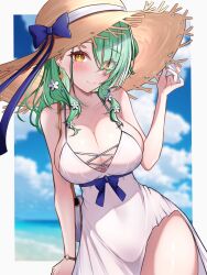 Rule 34 | 1girl, alternate costume, bare shoulders, beach, blush, breasts, ceres fauna, cleavage, closed mouth, collarbone, dress, flower, green hair, hair flower, hair ornament, hat, highres, hololive, hololive english, kogekoge1207, large breasts, leaning to the side, long hair, looking at viewer, ocean, outside border, sky, sleeveless, sleeveless dress, smile, solo, straw hat, sundress, virtual youtuber, watch, white dress, yellow eyes